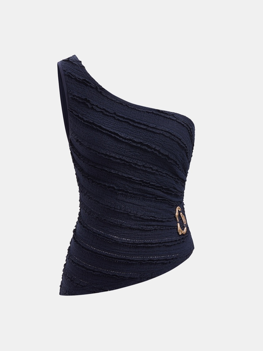 Commense Metal Buckle One-Shoulder Textured Knit Top